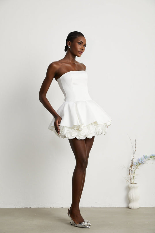 Bettina White Strapless Corset Mini Dress with 3D Petal Detailing