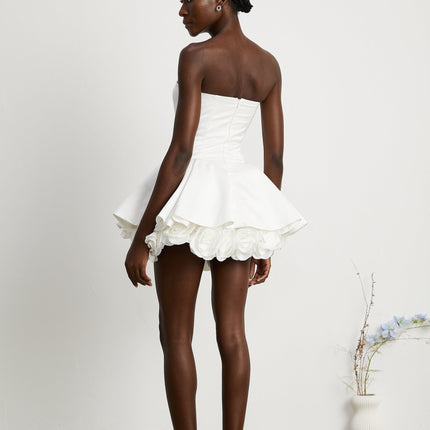 Bettina White Strapless Corset Mini Dress with 3D Petal Detailing