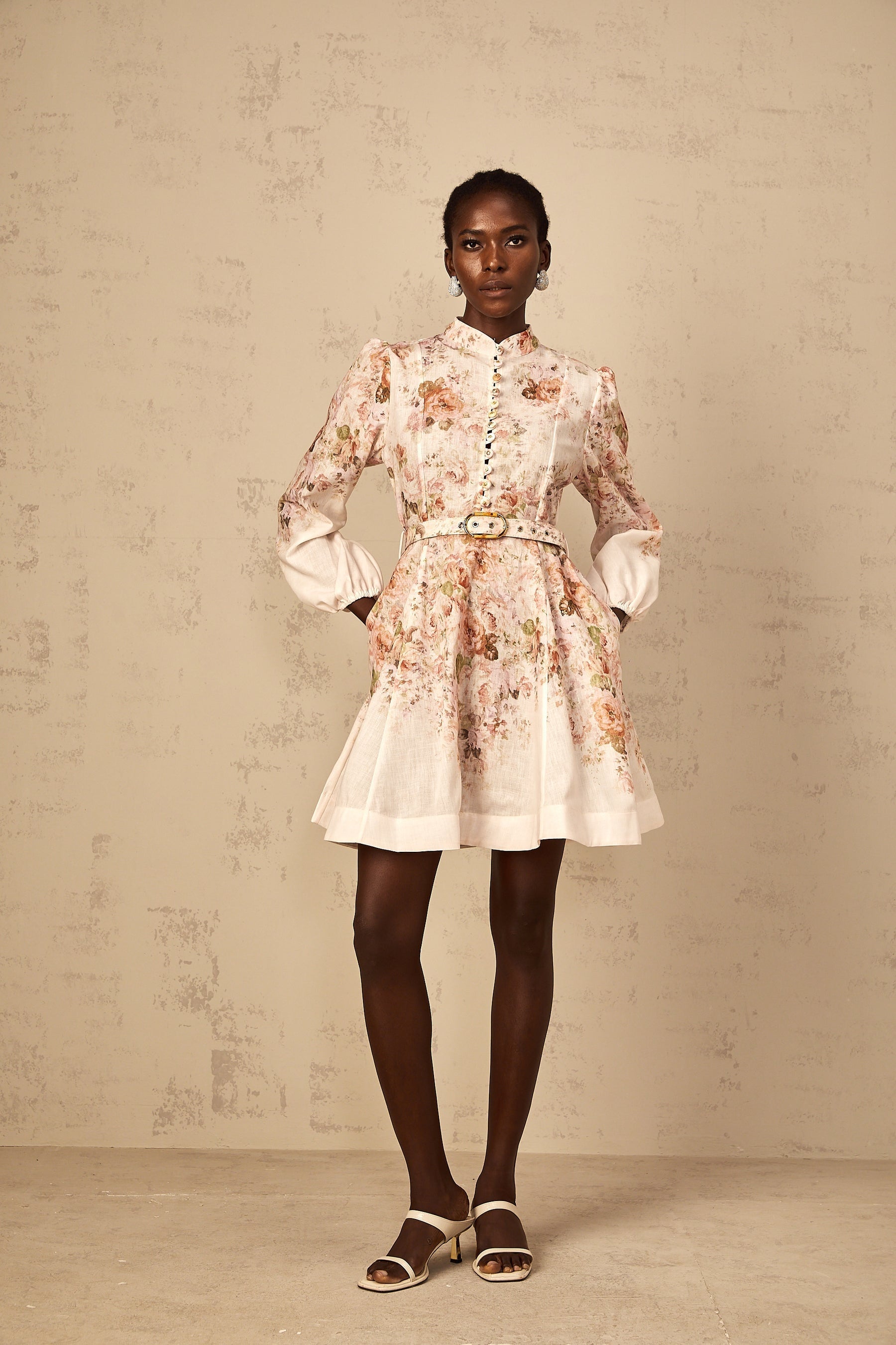 Bianca Beige Floral Print Mini Dress