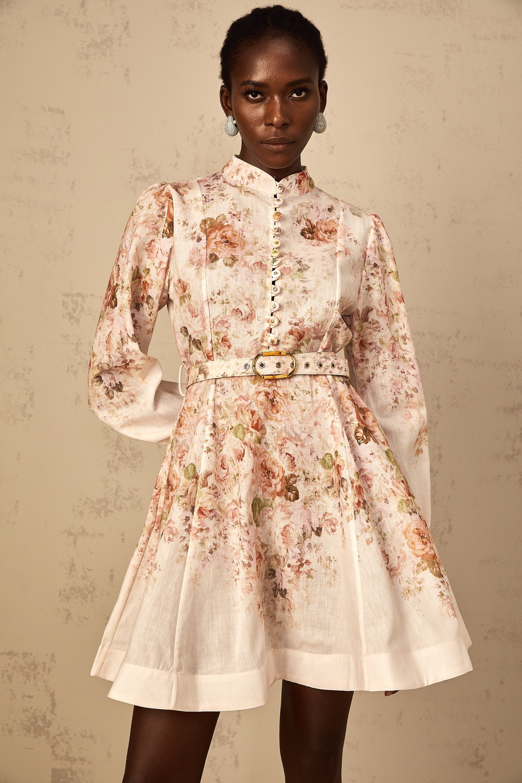 Bianca Beige Floral Print Mini Dress