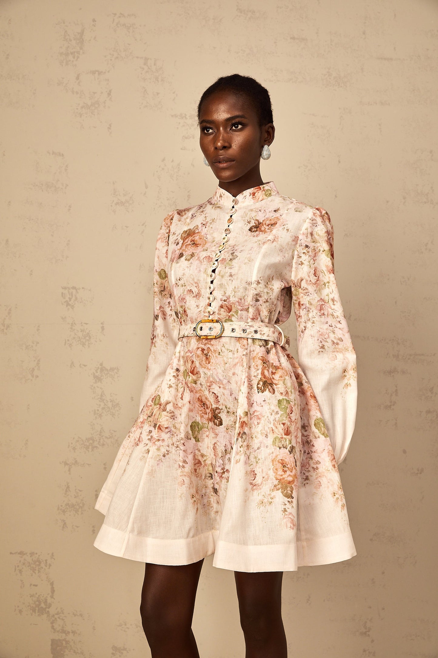 Bianca Beige Floral Print Mini Dress