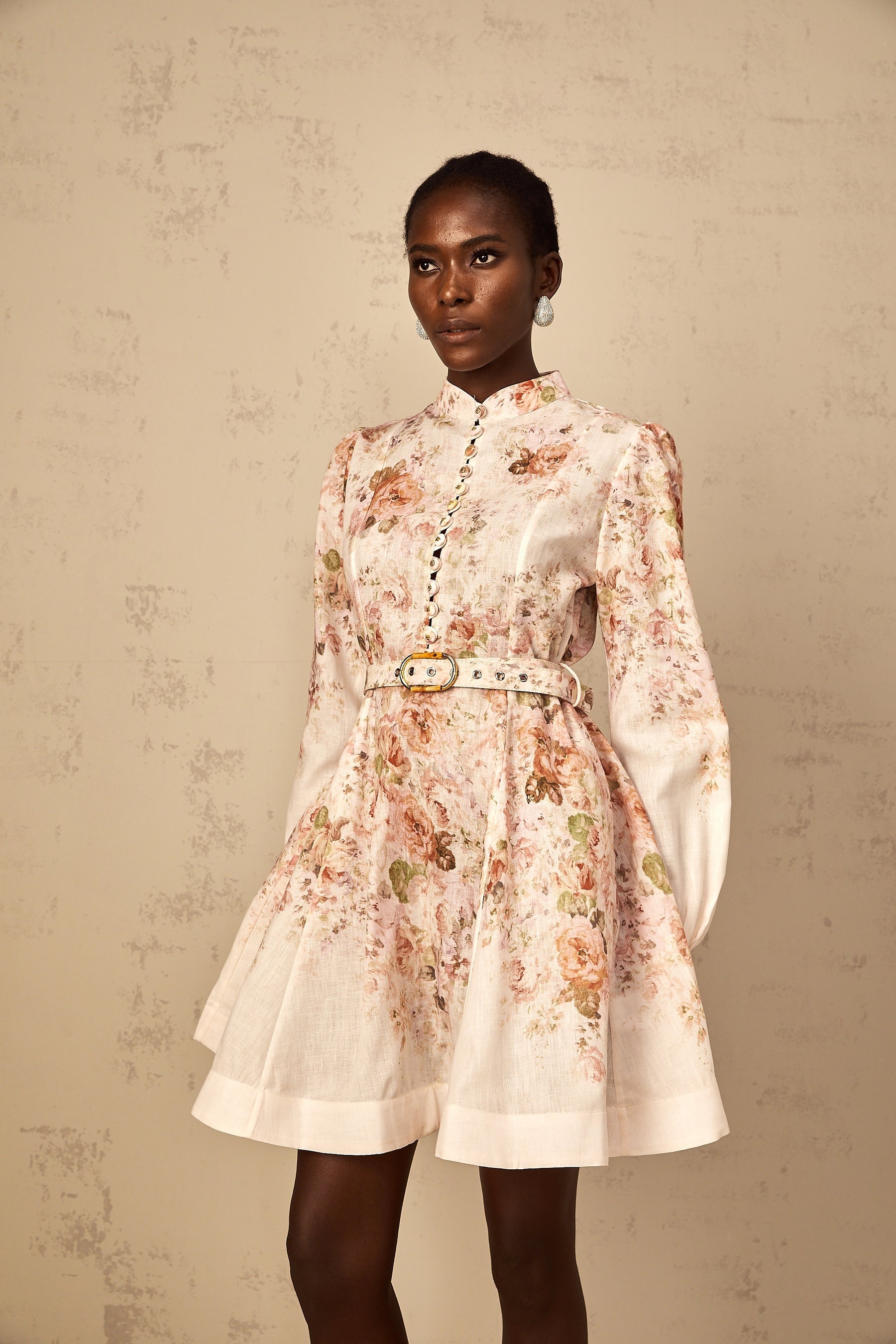 Bianca Beige Floral Print Mini Dress