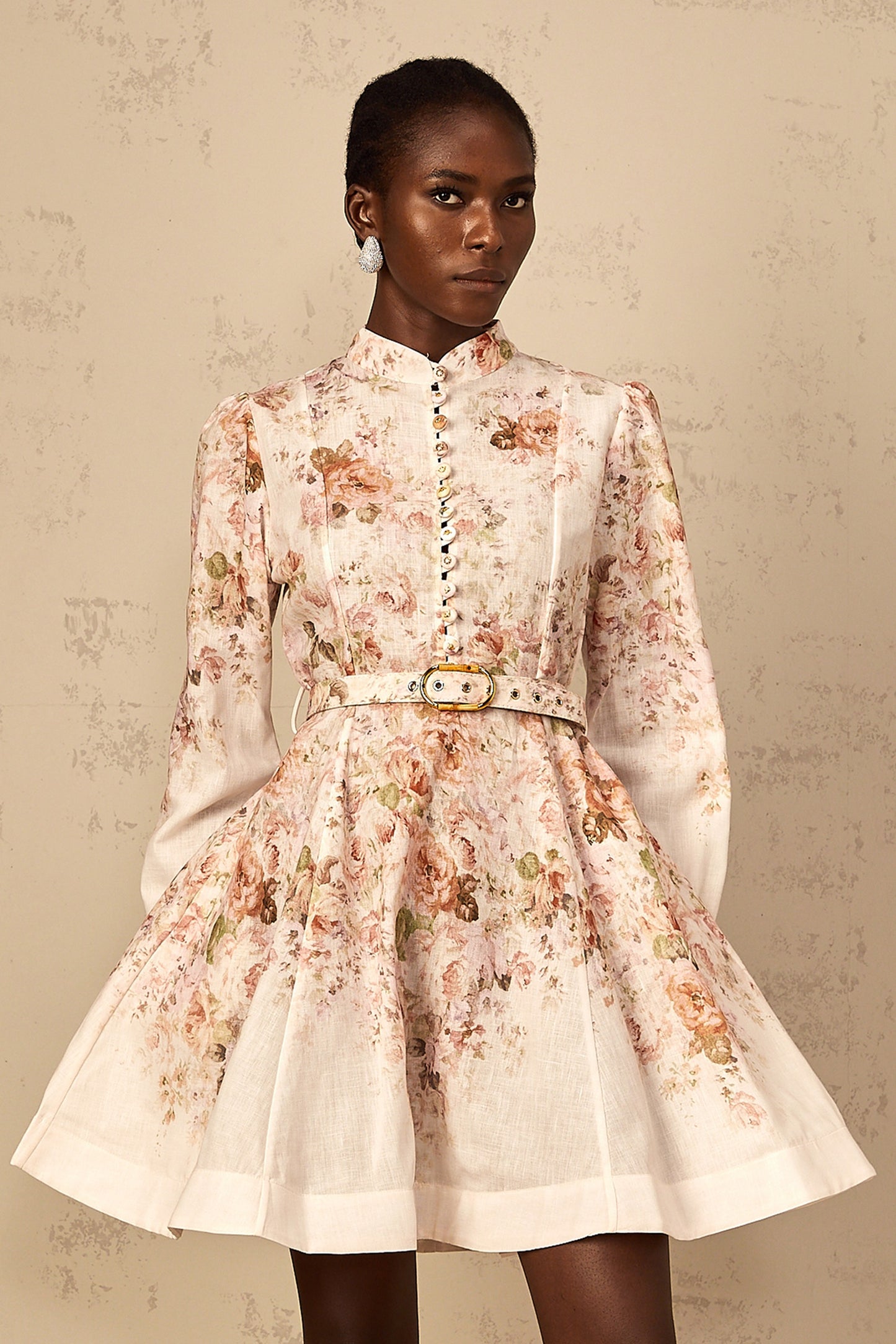 Bianca Beige Floral Print Mini Dress