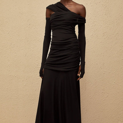 Bianca Black One-Shoulder Maxi Dress with Ruched Detailing and Knitted Construction