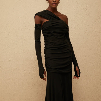 Bianca Black One-Shoulder Maxi Dress with Ruched Detailing and Knitted Construction