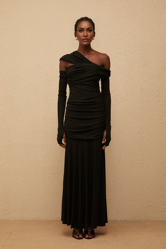 Bianca Black One-Shoulder Maxi Dress with Ruched Detailing and Cut-Outs