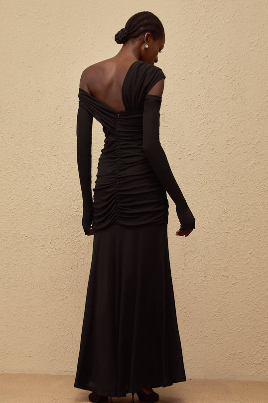 Bianca Black One-Shoulder Maxi Dress with Ruched Detailing and Cut-Outs
