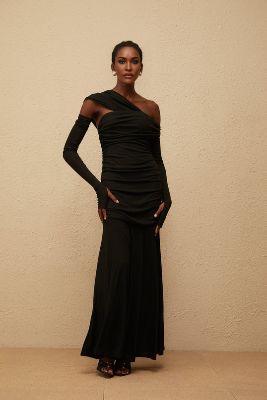 Bianca Black One-Shoulder Maxi Dress with Ruched Detailing and Cut-Outs