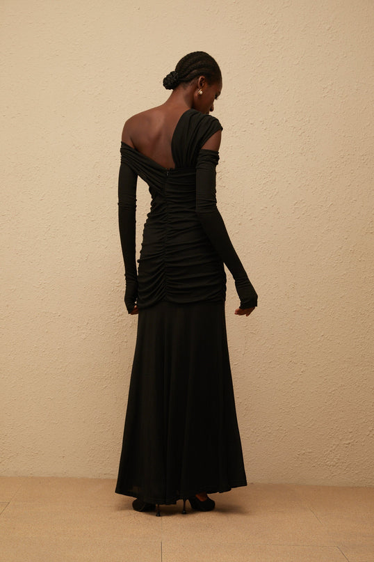 Bianca Black Maxi Dress with One-Shoulder Design and Ruched Detailing