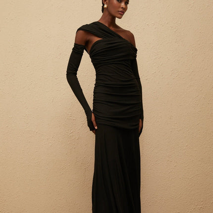 Bianca Black Maxi Dress One Shoulder Ruched Detailing Fitted Waistline Cut-Out Knitted Shirred Luxury Gloves Sleeveless Rear Zip Fastening Sophisticated Maxi-Length