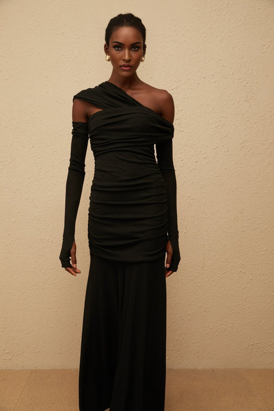 Bianca Black One-Shoulder Maxi Dress with Ruched Detailing and Cut-Outs