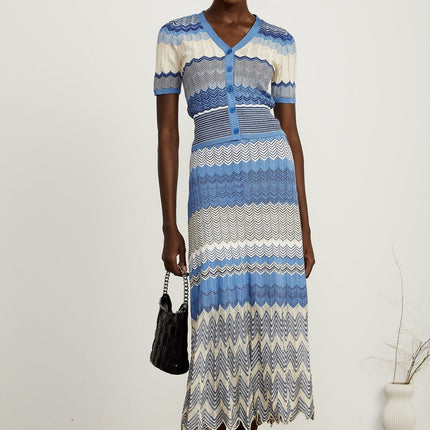 Bianca Blue Zigzag Knit Ensemble Ribbed Knit Skirt Top Set Viscose