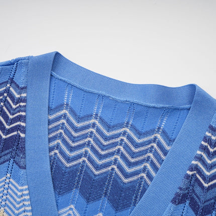 Bianca Blue Zigzag Knit Ensemble Ribbed Knit Top and Skirt Set