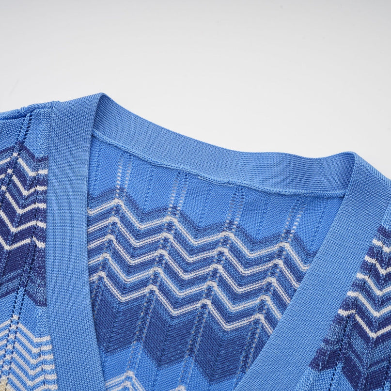 Bianca Blue Zigzag Knit Ensemble Ribbed Knit Top and Skirt Set