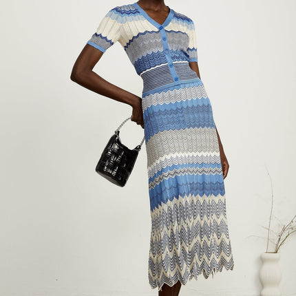Bianca Blue Zigzag Knit Ensemble Ribbed Knit Top Skirt Set Viscose Scalloped Hem