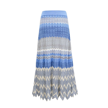 Bianca Blue Zigzag Knit Ensemble Ribbed Knit Top Skirt Set V-Neck Short Sleeves Button Fastening Calf-Length Scallop Hem 100% Viscose Modern Woman Grace Luxury
