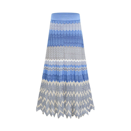 Bianca Blue Zigzag Knit Ensemble Ribbed Knit V-Neck Top and Calf-Length Skirt Set