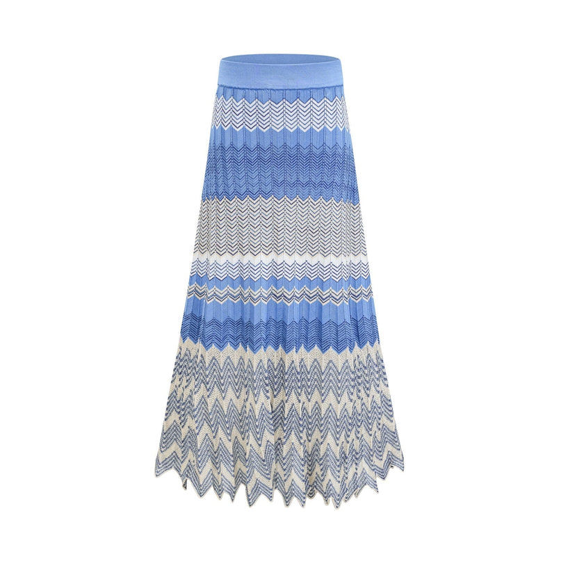 Bianca Blue Zigzag Knit Ensemble Ribbed Knit V-Neck Top and Calf-Length Skirt Set