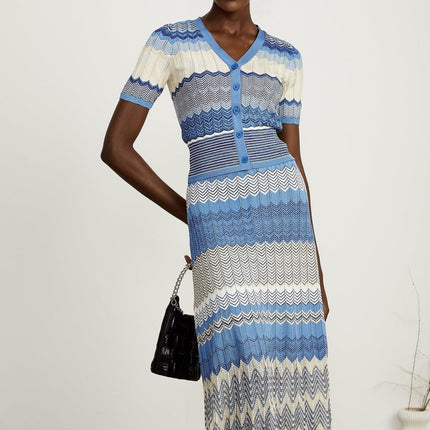 Bianca Blue Zigzag Knit Ensemble Ribbed Knit V-Neck Top and Calf-Length Skirt Set