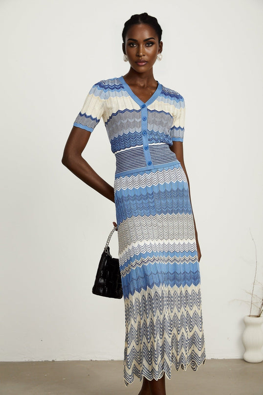 Bianca Blue Zigzag Knit Ensemble Ribbed Knit V-Neck Top and Calf-Length Skirt Set