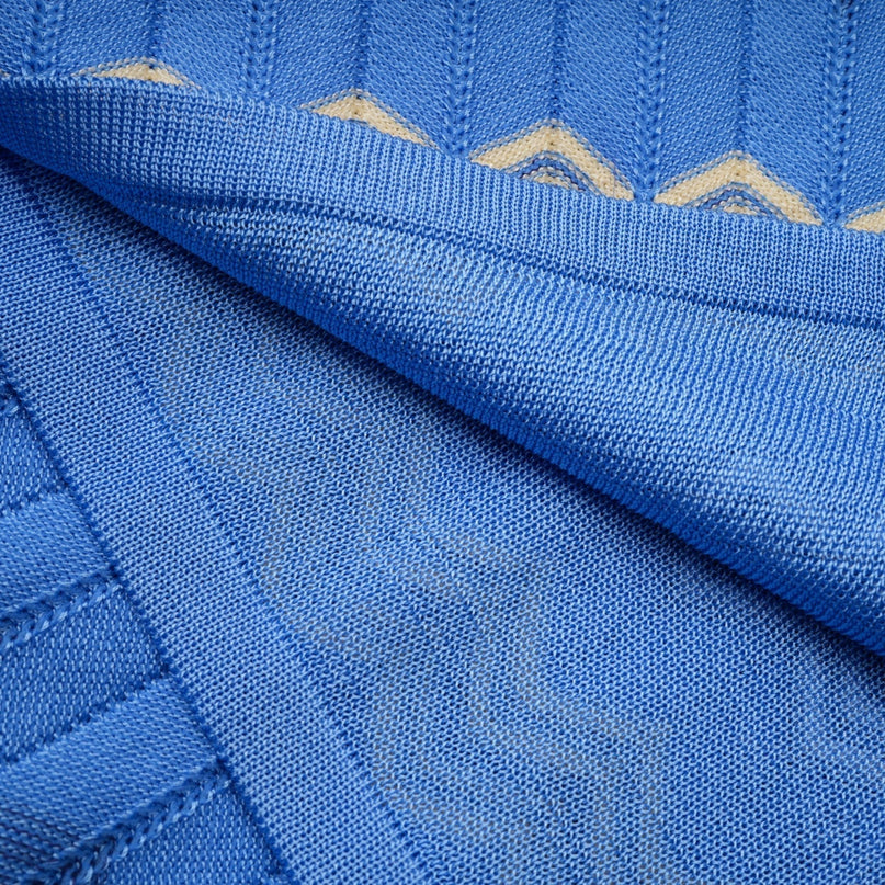 Bianca Blue Zigzag Knit Ensemble Ribbed Knit V-Neck Top and Calf-Length Skirt Set