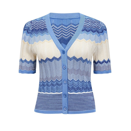Bianca Blue Zigzag Knit Ensemble Ribbed Knit V-Neck Top and Calf-Length Skirt Set