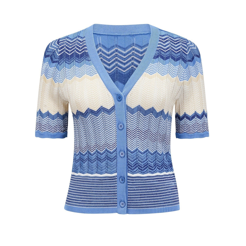 Bianca Blue Zigzag Knit Ensemble Ribbed Knit V-Neck Top and Calf-Length Skirt Set