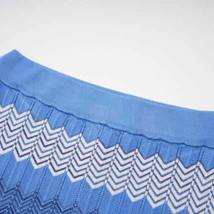 Bianca Blue Zigzag Knit Ensemble Ribbed Knit V-Neck Top Calf-Length Skirt Scalloped Hem 100% Viscose