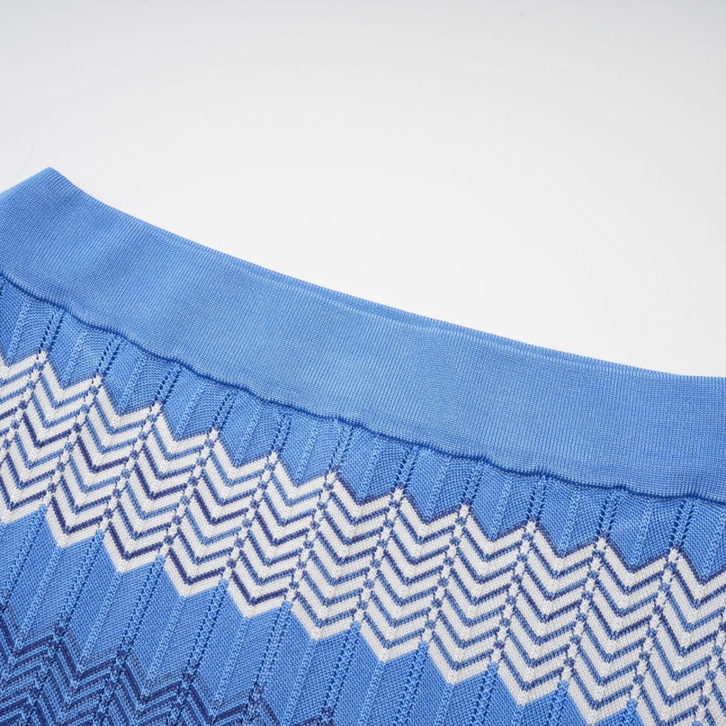 Bianca Blue Zigzag Knit Ensemble Ribbed Knit V-Neck Top Calf-Length Skirt Scalloped Hem 100% Viscose