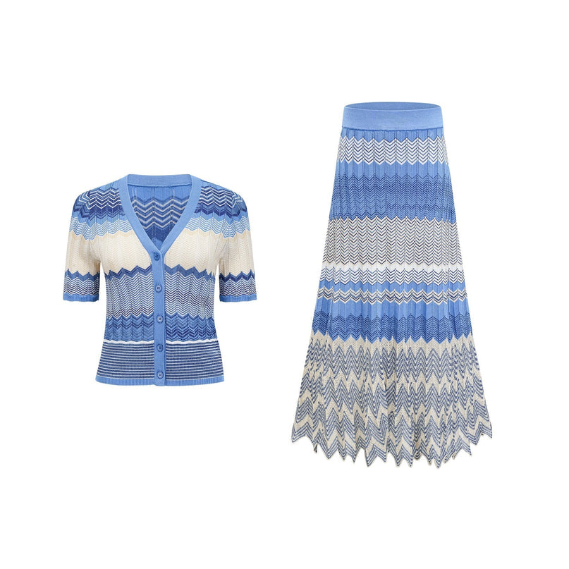Bianca Blue Zigzag Knit Ensemble Ribbed Skirt Top Set Viscose