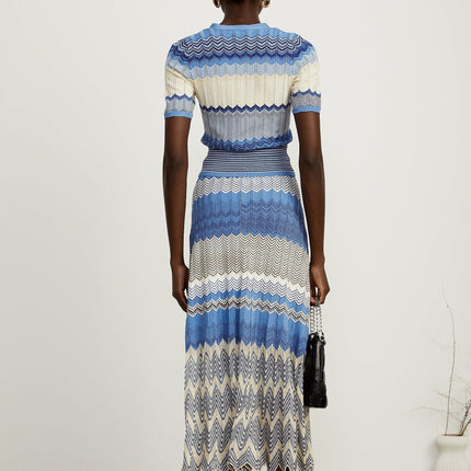 Bianca Blue Zigzag Knit Ensemble Skirt Top Set