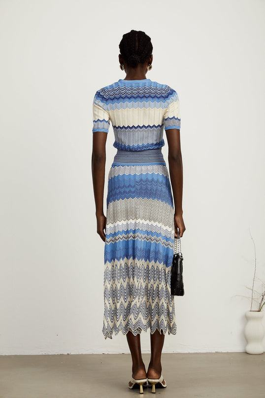 Bianca Blue Zigzag Knit Ensemble Skirt Top Set