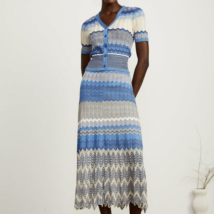 Bianca Blue Zigzag Knit Ensemble Skirt Top Set
