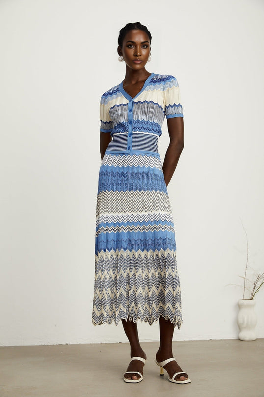 Bianca Blue Zigzag Knit Ensemble Skirt Top Set