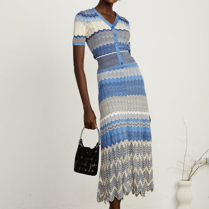 Bianca Blue Zigzag Knit Ensemble Skirt Top Set
