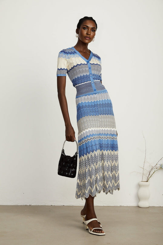 Bianca Blue Zigzag Knit Ensemble Skirt Top Set