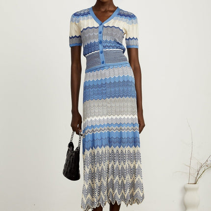 Bianca Blue Zigzag Knit Ensemble Skirt Top Set