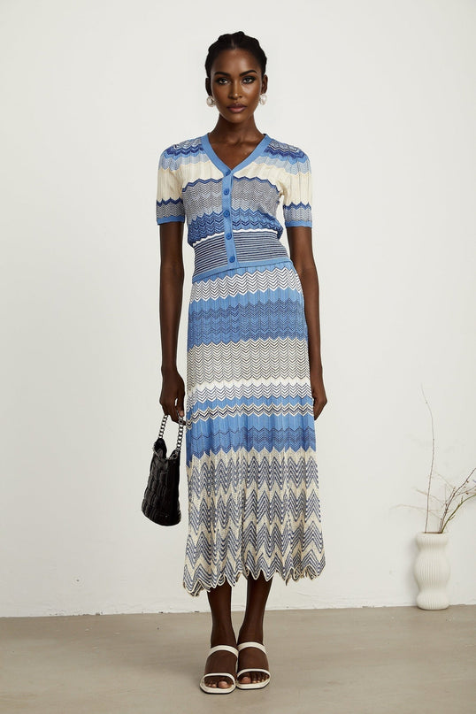 Bianca Blue Zigzag Knit Ensemble Skirt Top Set