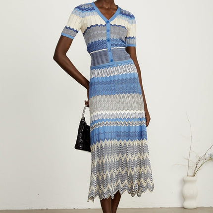 Bianca Blue Zigzag Knit Ensemble Ribbed Knit V-Neck Top and Calf-Length Skirt Set