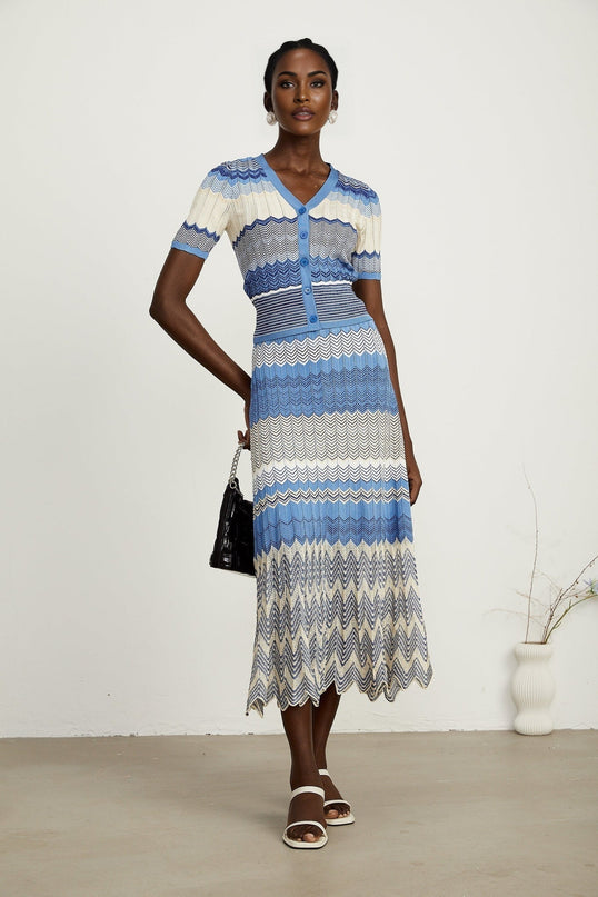 Bianca Blue Zigzag Knit Ensemble Ribbed Knit V-Neck Top and Calf-Length Skirt Set