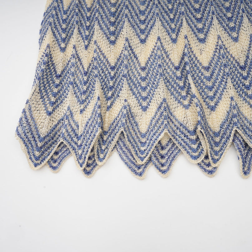 Bianca Blue Zigzag Knit Ensemble Ribbed Knit V-Neck Top and Calf-Length Skirt Set