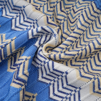 Bianca Blue Zigzag Knit Ensemble Ribbed Knit V-Neck Top and Calf-Length Skirt Set