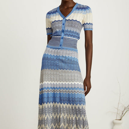 Bianca Blue Zigzag Knit Ensemble Skirt Top Set