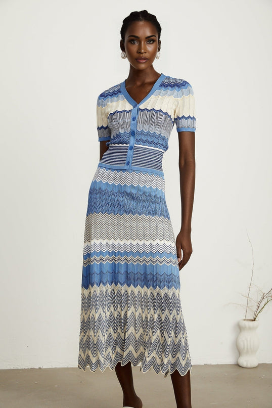 Bianca Blue Zigzag Knit Ensemble Skirt Top Set