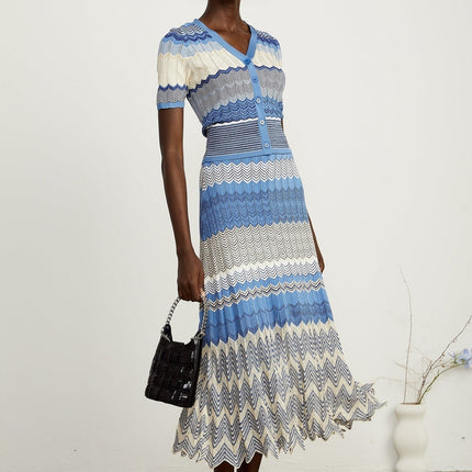 Bianca Blue Zigzag Knit Skirt Top Set