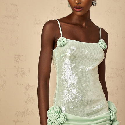 Biancamaria Green Mini Dress Sequin Floral Tie-back