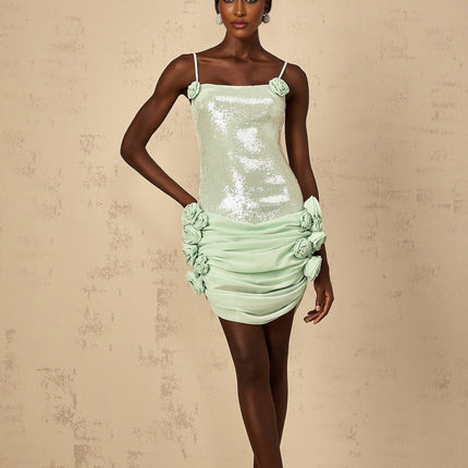 Biancamaria Green Mini Dress Sequin Floral Tie-back