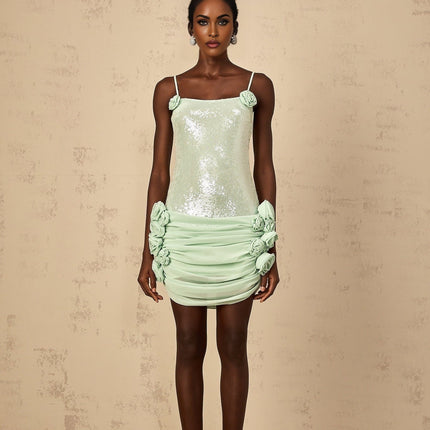 Biancamaria Green Mini Dress Sequin Floral Tie-back
