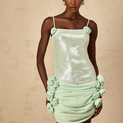 Biancamaria Green Mini Dress Sequin Floral Tie-back