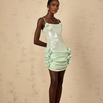 Biancamaria Green Mini Dress Sequin Floral Tie-back